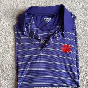 PING Men’s Purple Striped Polo with Clemson Logo